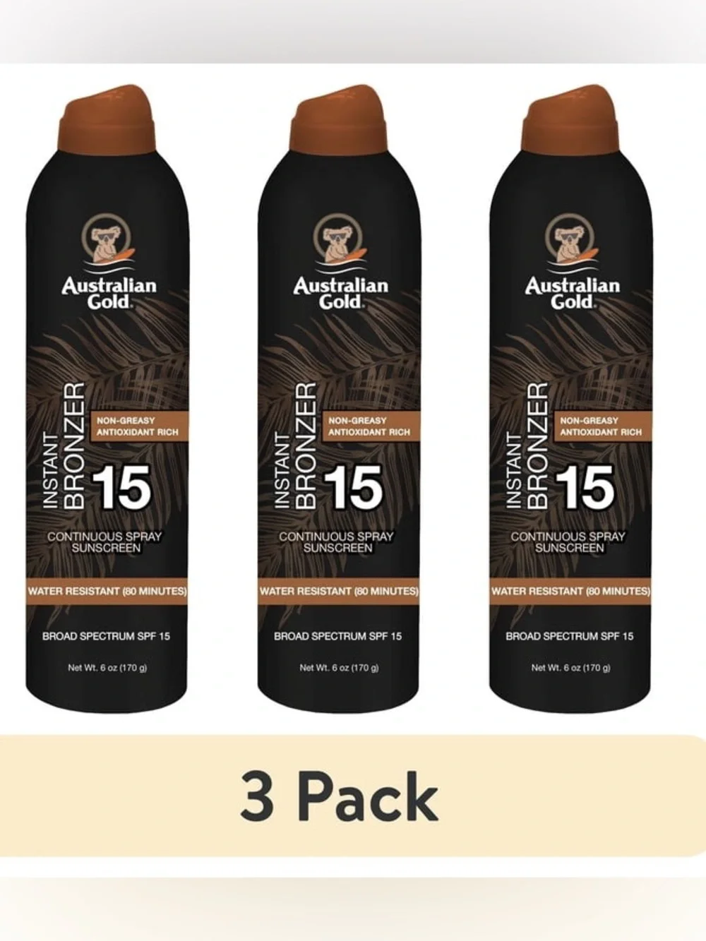 (3Pk)AUSTRALIAN GOLD INSTANT BRONZER-SPF 15-Continuous Spray Sunscreen-Exp.8/28